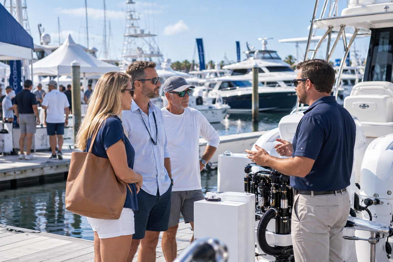 Illustrative image of marine professionals discussing equipment at a boat show