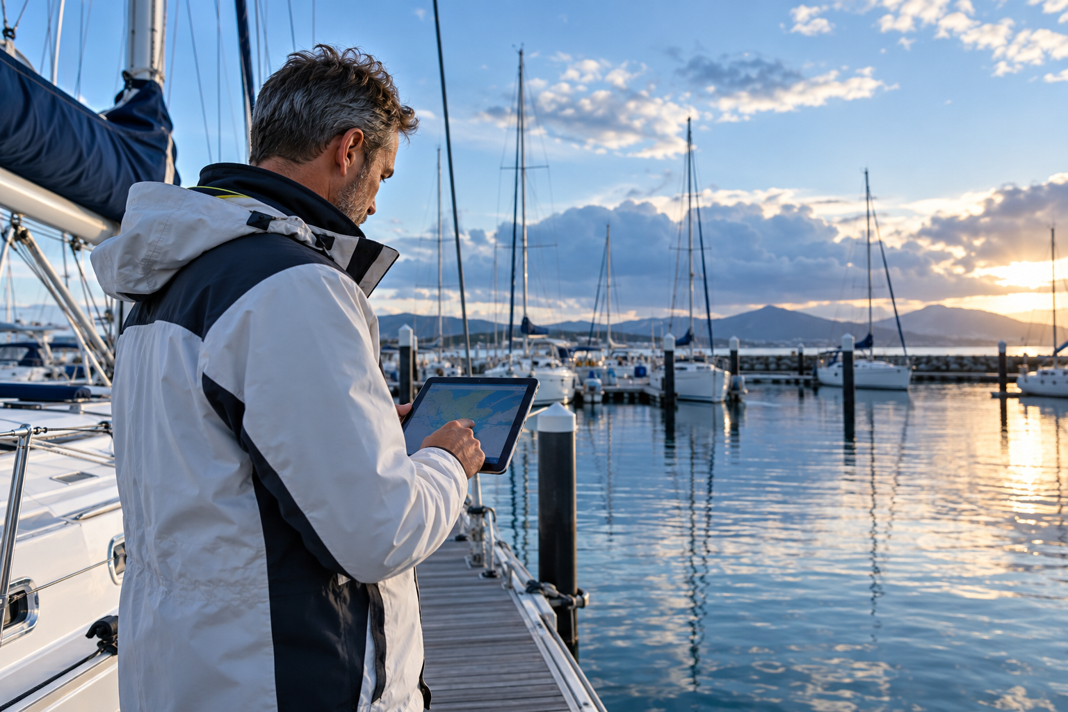 Illustrative image of a captain checking a weather display at a marina