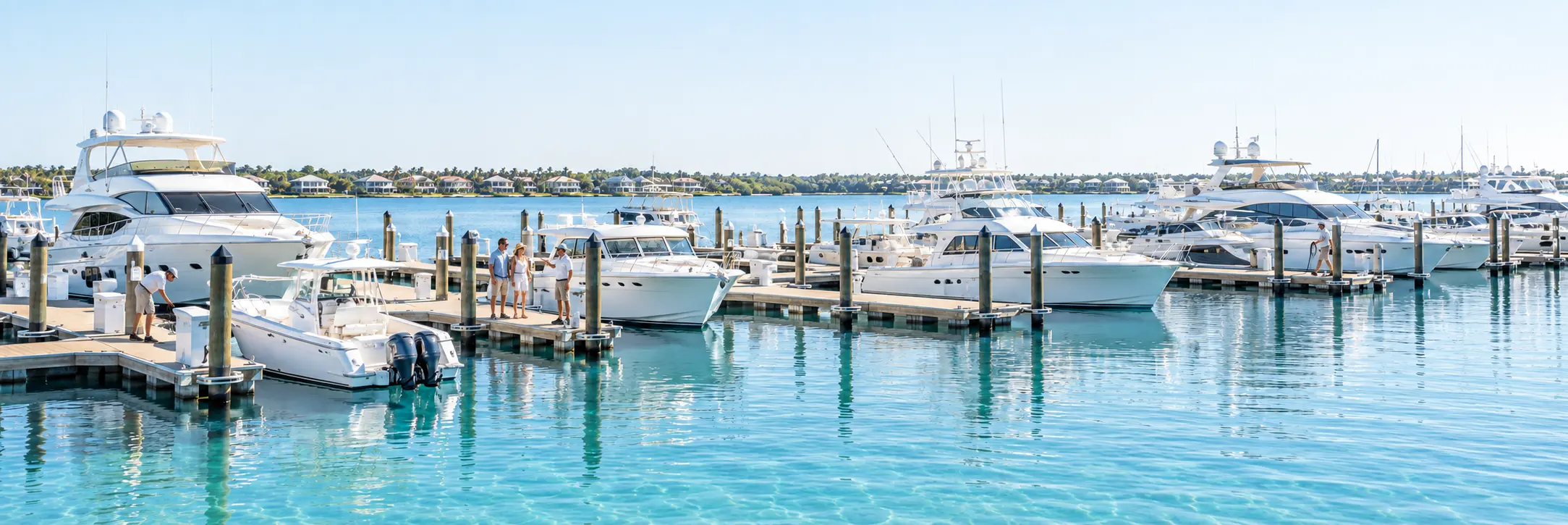 Marina workers assisting customers beside docked white boats