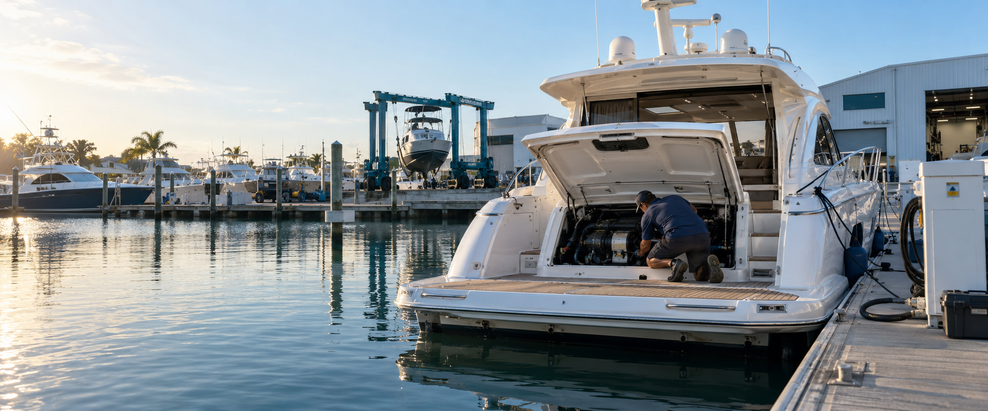 Marine technician servicing a vessel engine at a boatyard