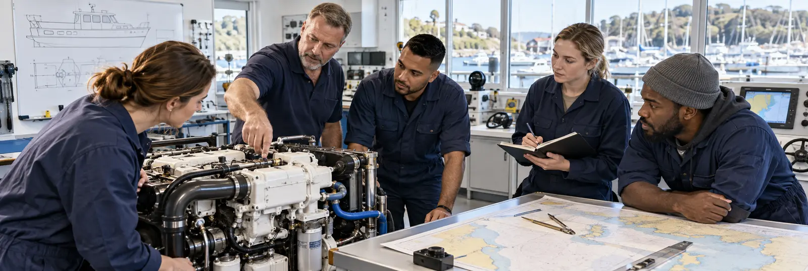 Marine instructor guiding trainees around an engine in a classroom