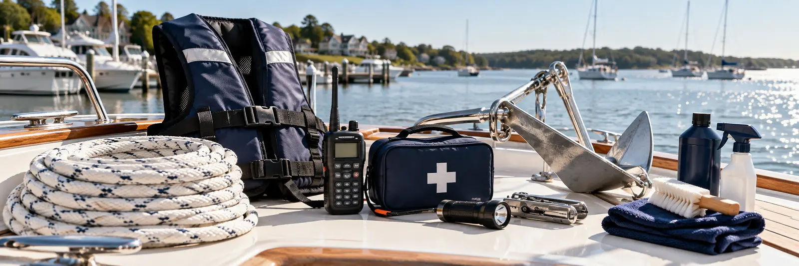 Life jacket, VHF radio, dock line, first aid kit and maintenance gear on a boat deck